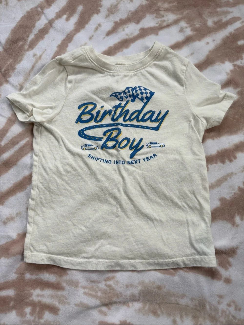 Old Navy Cream Tee with Blue & Yellow Birthday Racing Graphic